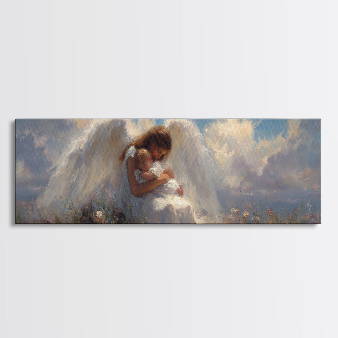 Guardian Angel Mother Kissing Baby In Wildflower Meadow Canvas Print, Spiritual Wall Art, Nursery Decor, Angel Gift For Mom