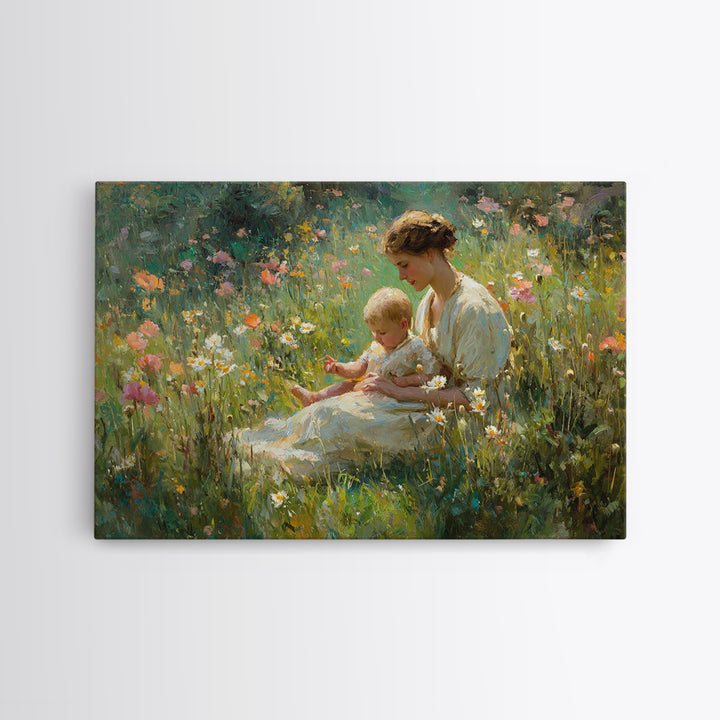 Mother And Baby In Sunlit Wildflower Meadow Canvas Print, Impressionist Floral Wall Art, Nursery Decor And Gift For New Mom