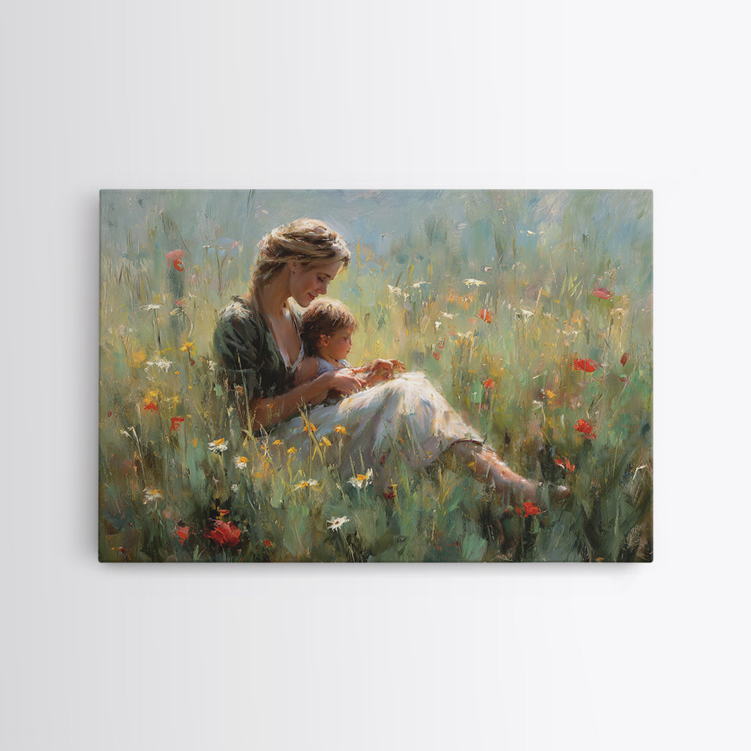 Mother Nursing Baby In Poppy Meadow Wall Art, Soft Impressionist Oil Painting Print, Feminine Nursery Decor Gift For Her