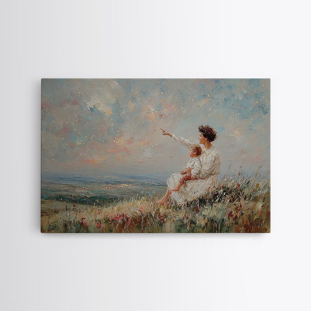 Mother And Child By Sparkling Sea Canvas Print, Coastal Impressionist Wall Art, Ocean Landscape Living Room Decor Gift For Her