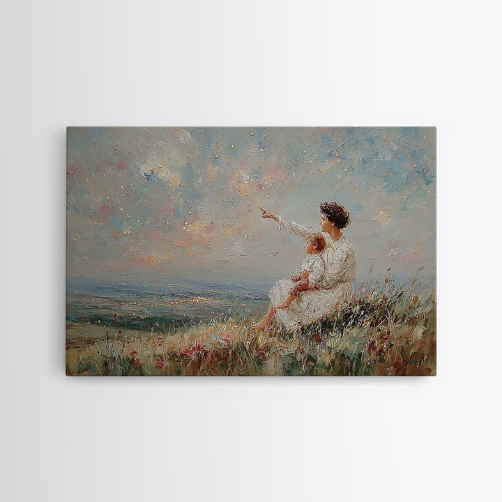 Mother And Child By Sparkling Sea Canvas Print, Coastal Impressionist Wall Art, Ocean Landscape Living Room Decor Gift For Her