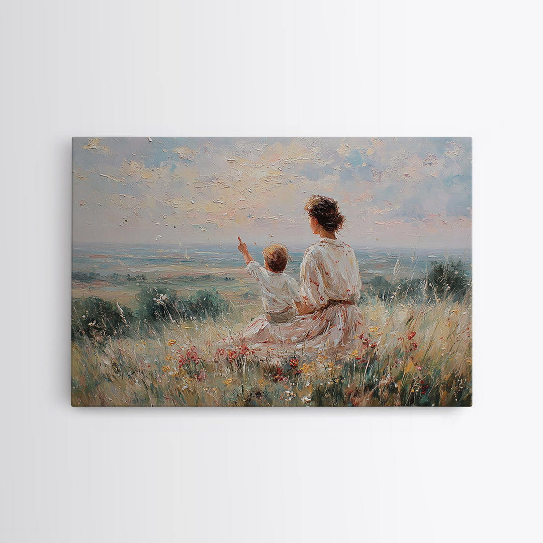 Mother And Child Watching Horizon Canvas Print, Impressionist Meadow Wall Art, Calming Landscape Decor Above Sofa Gift For Her