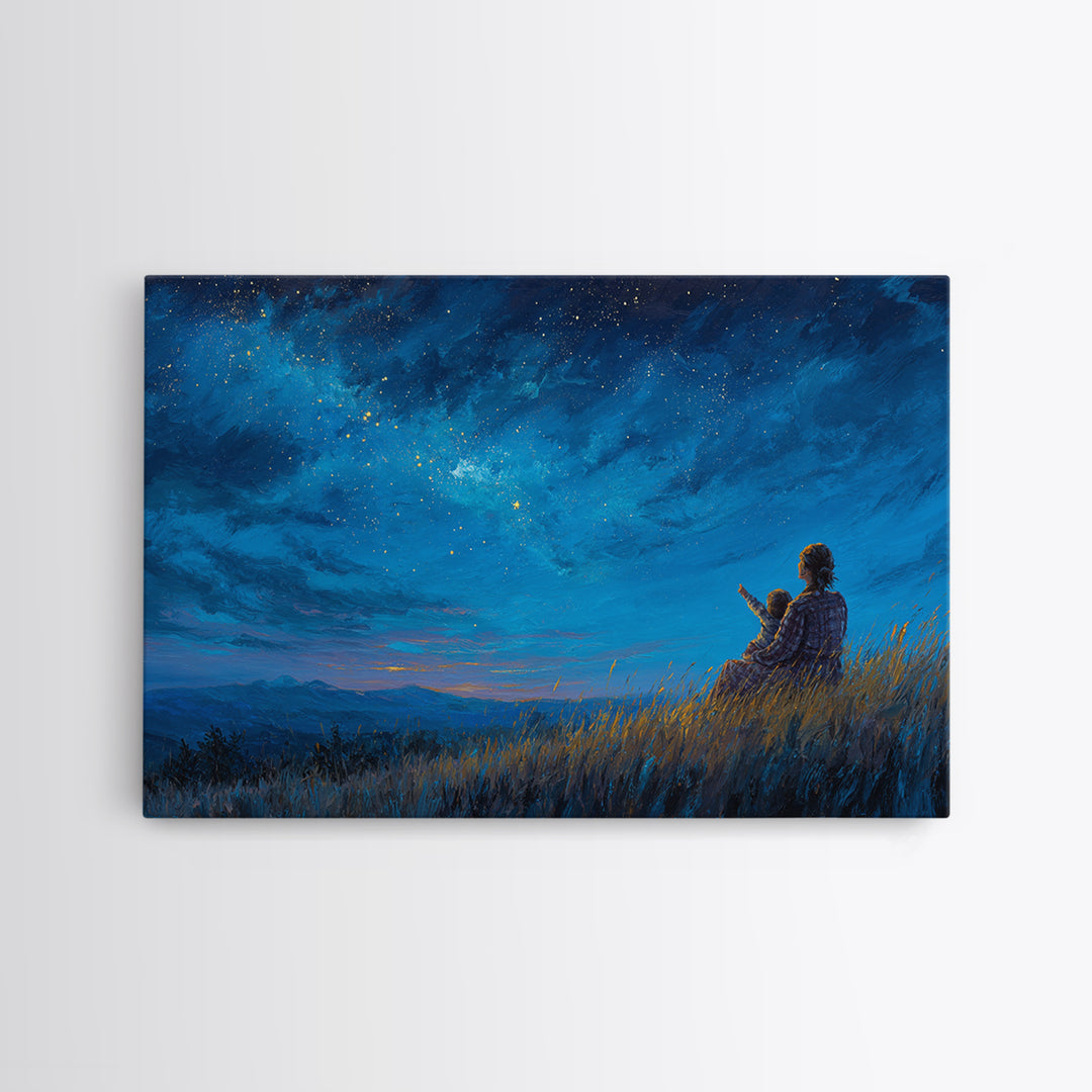 Mother And Child Under Starry Sky Wall Art, Celestial Night Landscape Canvas Print, Blue Bedroom Wall Decor Gift For Her