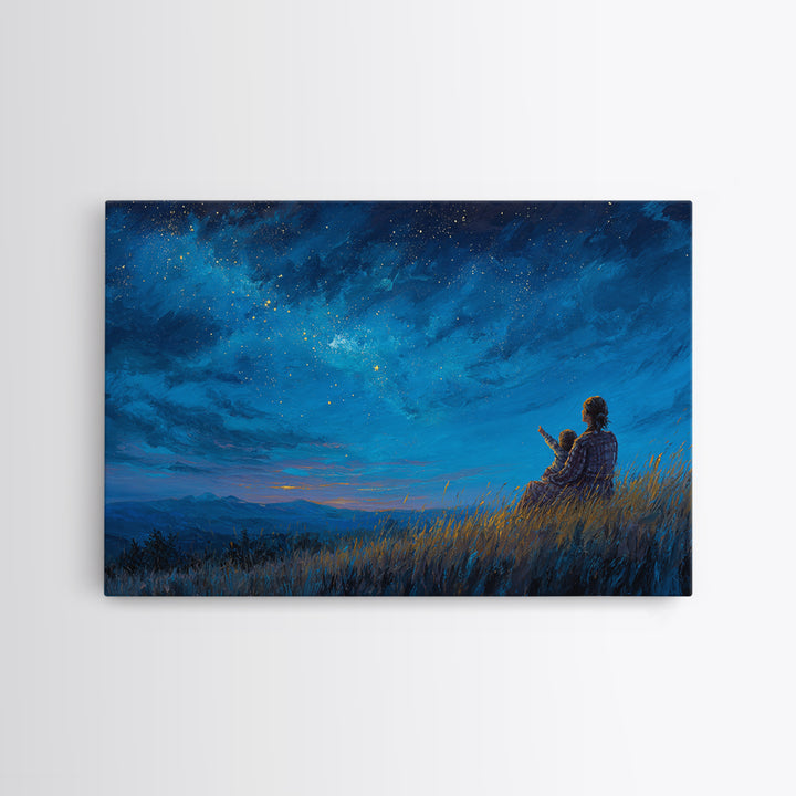 Mother And Child Under Starry Sky Wall Art, Celestial Night Landscape Canvas Print, Blue Bedroom Wall Decor Gift For Her