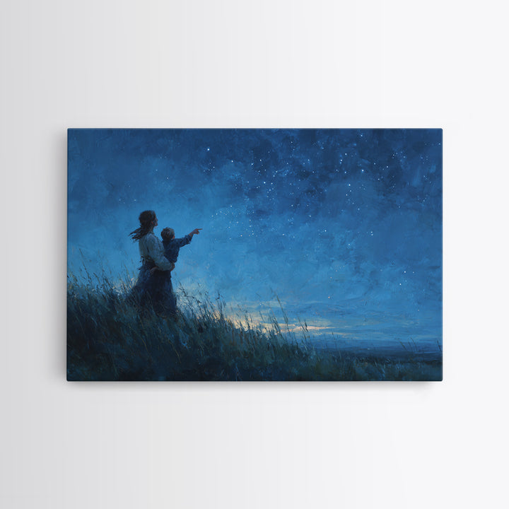 Mother And Child Pointing At Stars Canvas Print, Moody Celestial Wall Art, Blue Night Sky Bedroom Nursery Decor Gift For Her