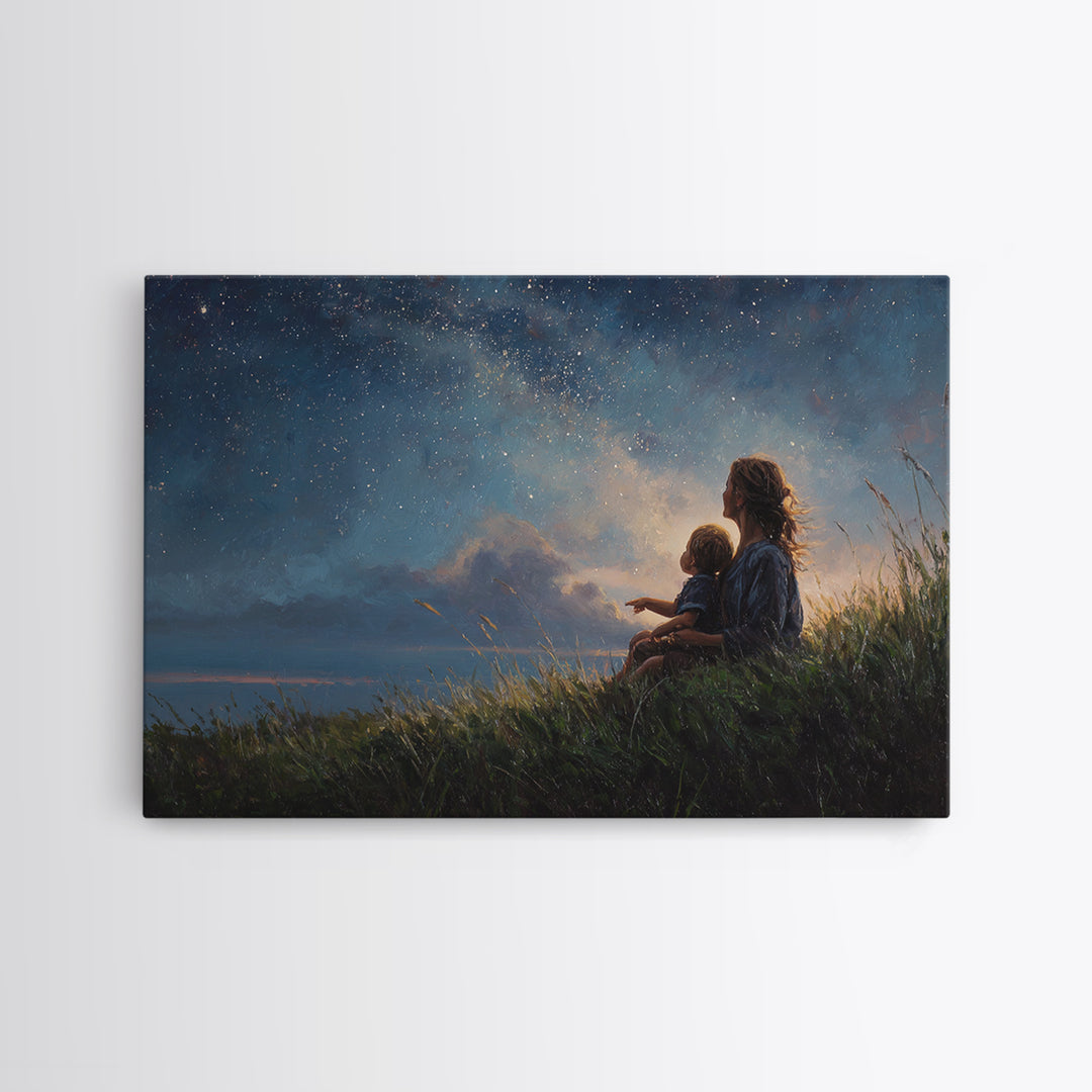 Mother And Child Stargazing Canvas Print, Celestial Nursery Wall Art, Gift For Mom, Baby Room Decor, Spiritual Home Decor