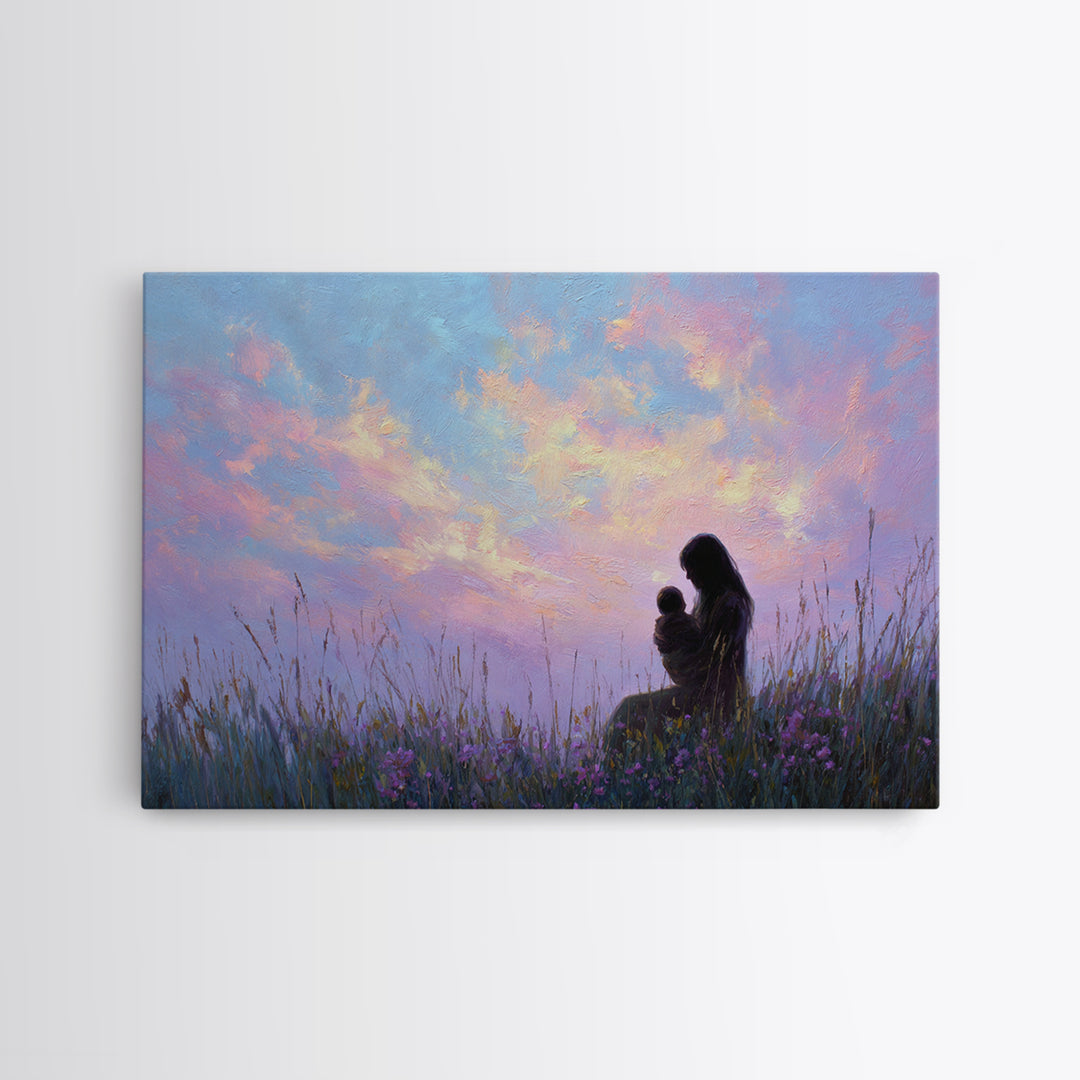 Silhouette Mother And Baby Sunset Canvas Print, Romantic Bedroom Wall Art, Pastel Sky Decor, Gift For Mom, Spiritual Home Decor