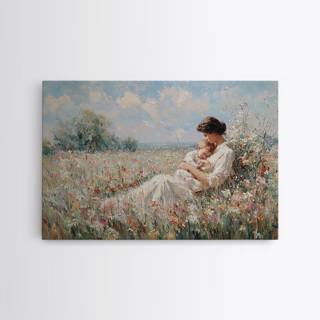 Mother Cradling Baby In Summer Meadow Canvas Print, Floral Wall Art, Impressionist Painting, Nursery Decor, Gift For Mom