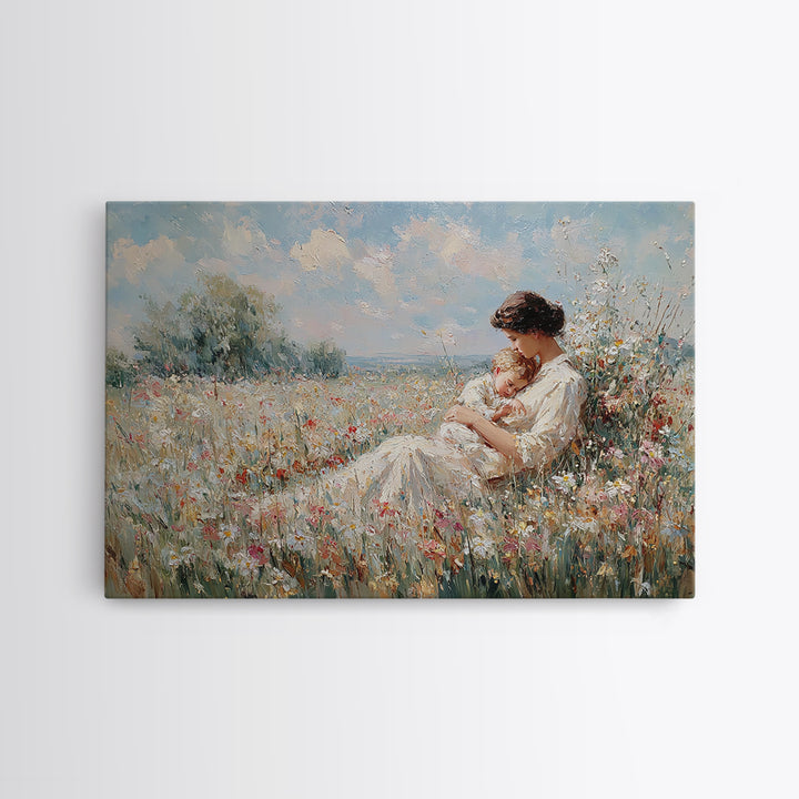 Mother Cradling Baby In Summer Meadow Canvas Print, Floral Wall Art, Impressionist Painting, Nursery Decor, Gift For Mom
