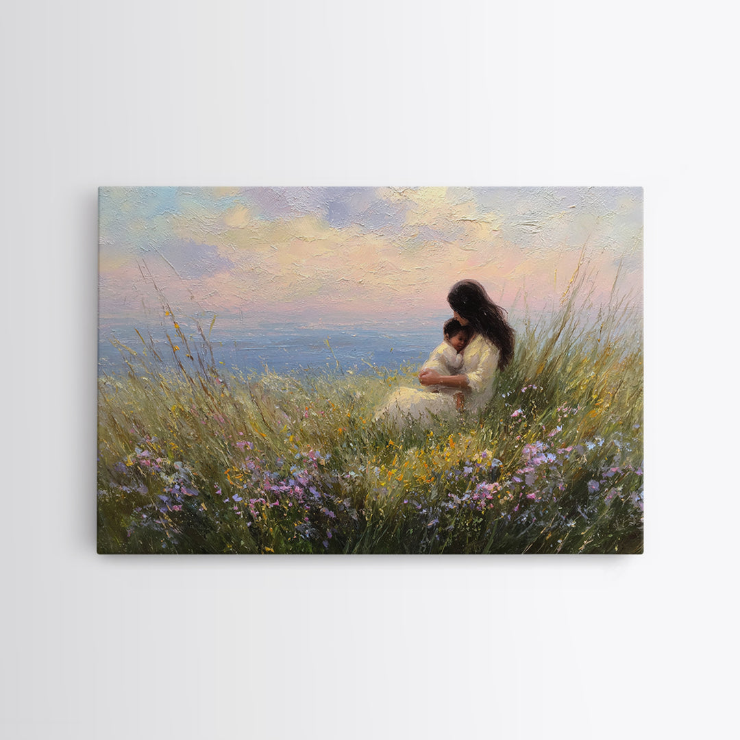 Mother And Baby By Ocean Sunset Canvas Print, Coastal Wall Art, Seascape Decor, Nursery Wall Art, Gift For Mom, Beach House