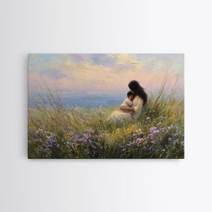 Mother And Baby By Ocean Sunset Canvas Print, Coastal Wall Art, Seascape Decor, Nursery Wall Art, Gift For Mom, Beach House