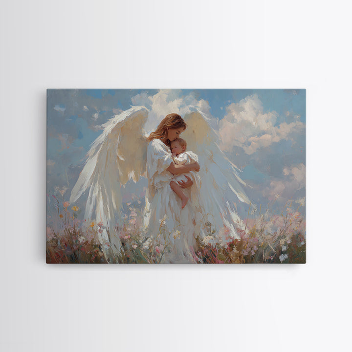 Guardian Angel Holding Baby Framed Canvas Print, Christian Wall Art, Nursery Decor, Spiritual Gift, Baby Shower Gift For Mom