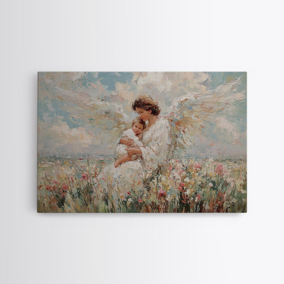 Angel Mother And Baby In Wildflower Meadow Canvas Print, Christian Wall Art, Nursery Decor, Spiritual Gift, Baby Shower Gift
