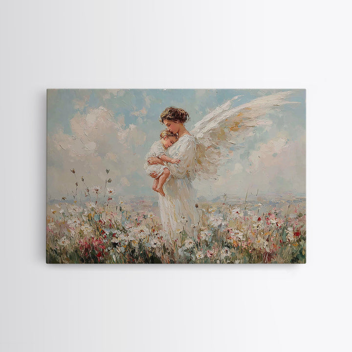 Guardian Angel Mother And Baby In Wildflower Meadow Wall Art, Christian Nursery Decor, Spiritual Gift, Serene Bedroom Print