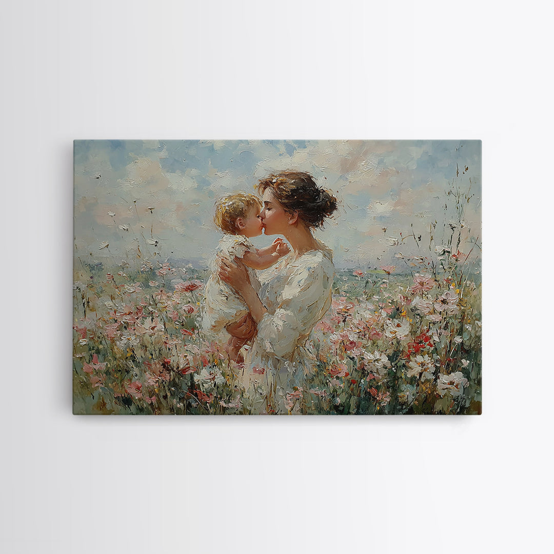 Tender Mother And Baby Kiss In Flower Meadow Framed Canvas Print, Feminine Wall Decor, Nursery Art, Gift For Mom, Peaceful Bedroom Decor