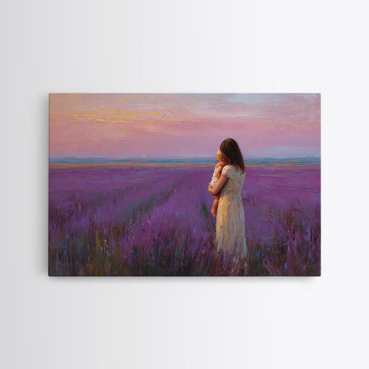 Mother And Baby In Lavender Field Sunset Wall Art, Purple Landscape Print, Romantic Nursery Decor, Gift For Her, Calming Bedroom Decor