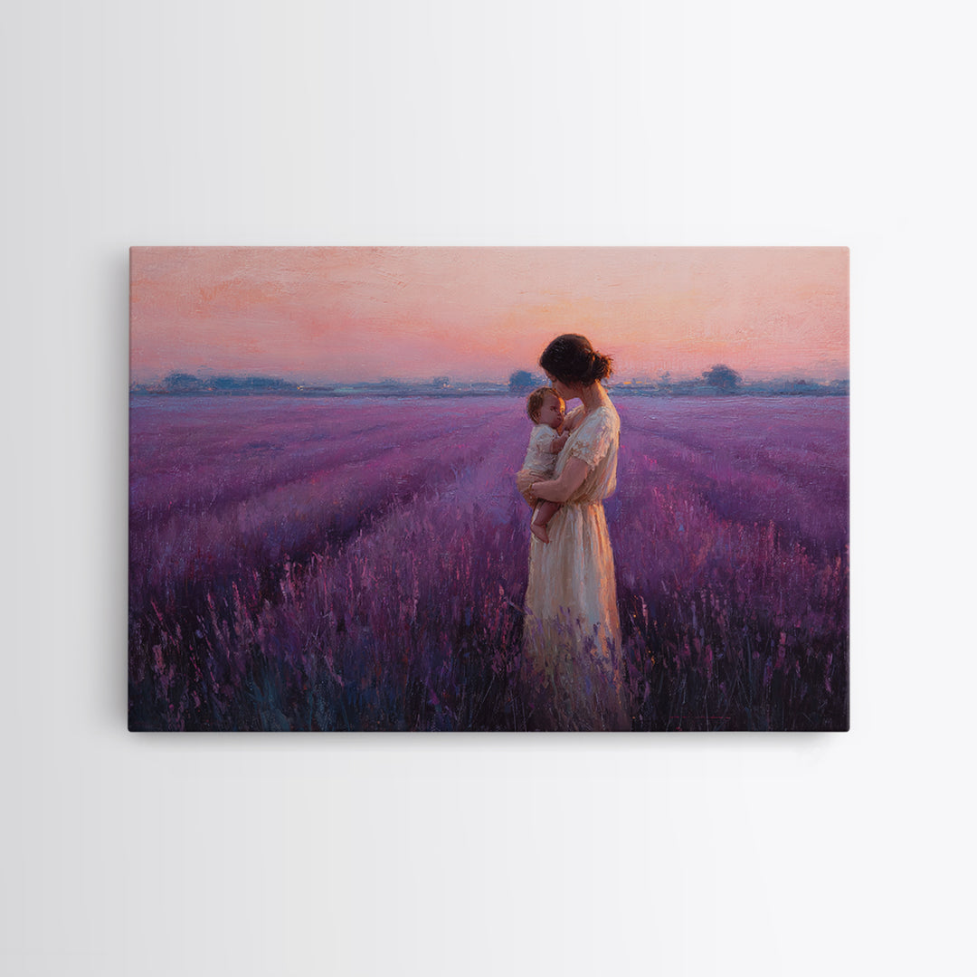 Mother And Baby Embrace In Lavender Sunset Field Framed Canvas Print, Purple Wall Art, Feminine Nursery Decor Gift For Mom
