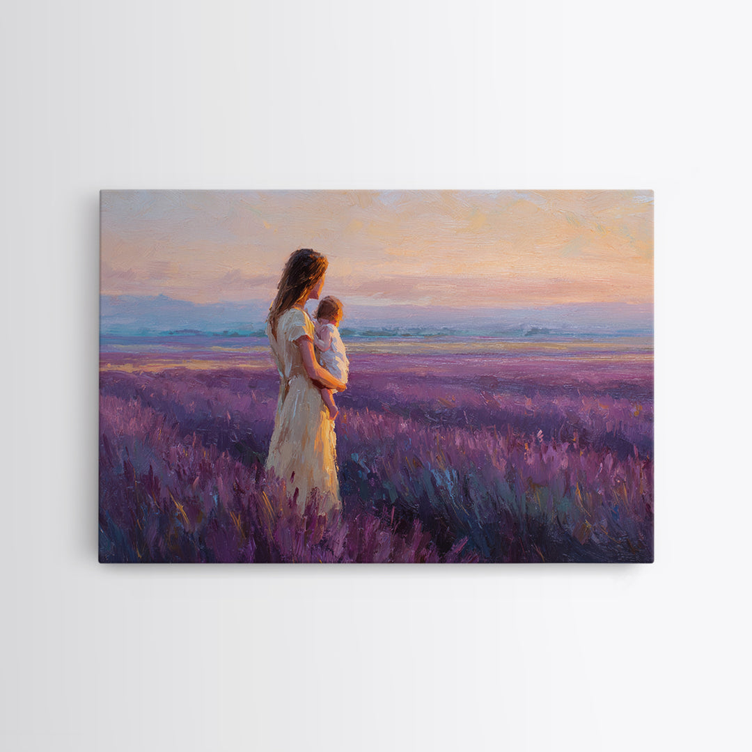 Mother And Child In Lavender Meadow Sunrise Canvas Print, Romantic Landscape Wall Art, Purple Bedroom Decor, Gift For Her