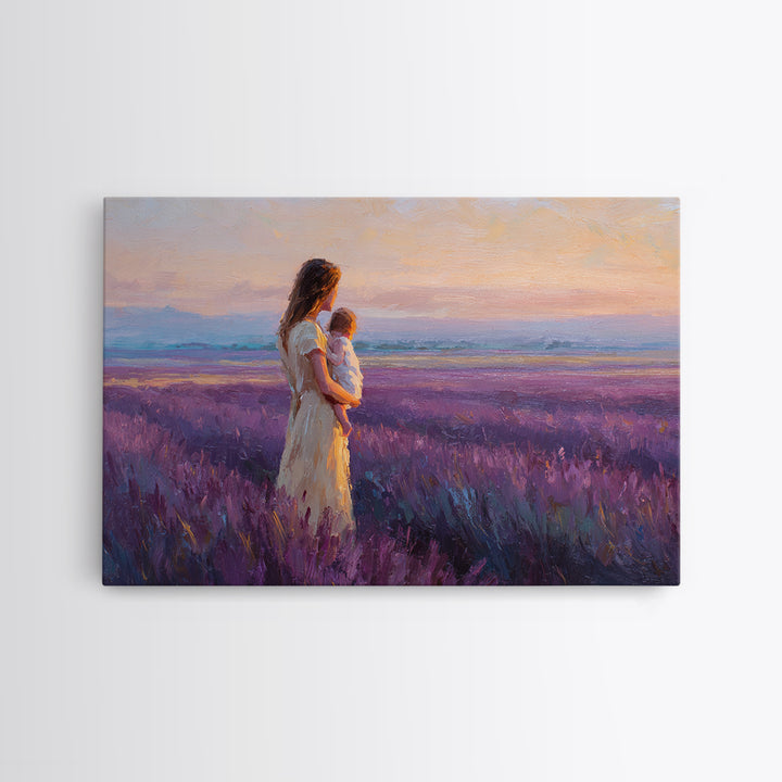 Mother And Child In Lavender Meadow Sunrise Canvas Print, Romantic Landscape Wall Art, Purple Bedroom Decor, Gift For Her