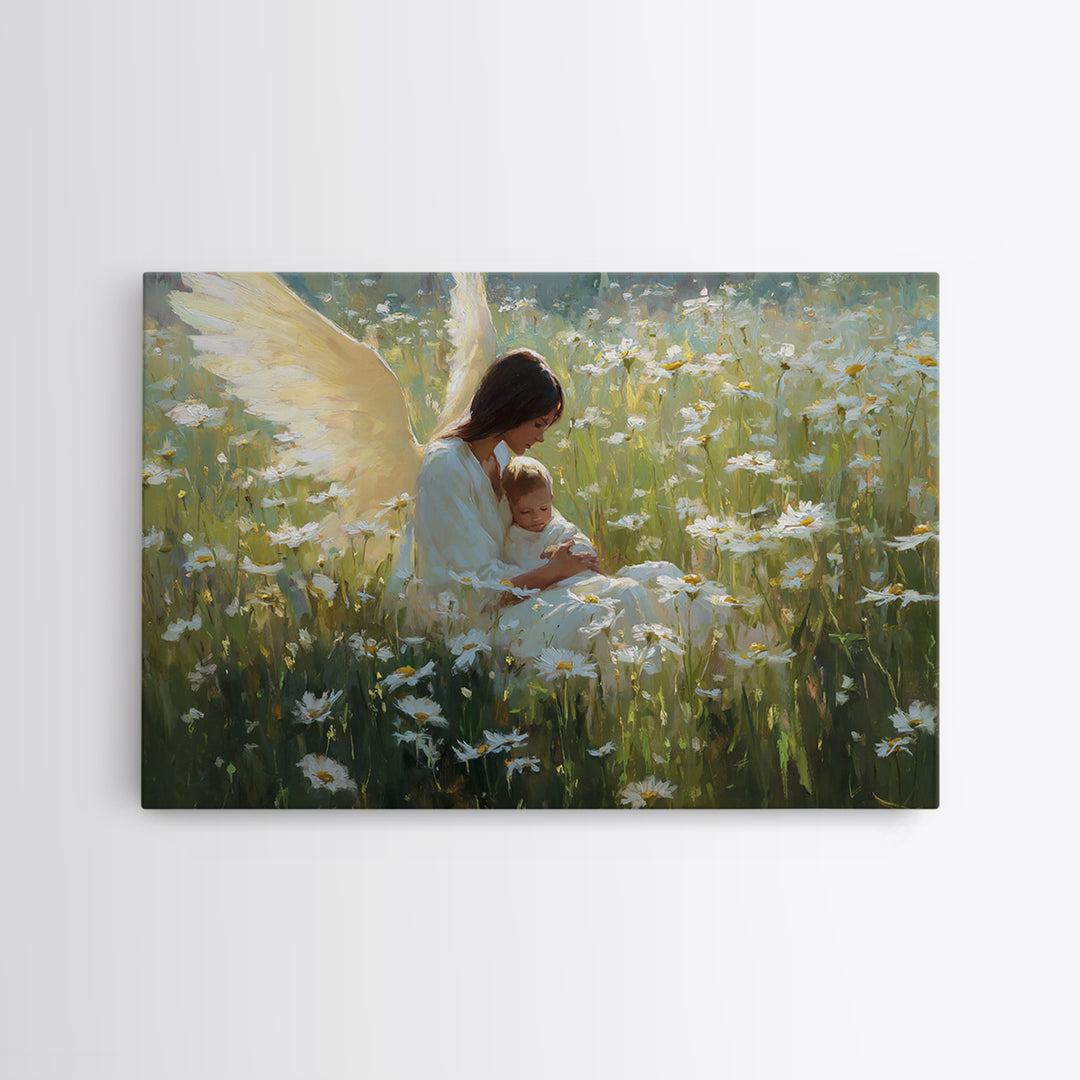 Guardian Angel Mother And Baby In Daisy Meadow Wall Art, Christian Nursery Decor, Spiritual Gift, Peaceful Floral Fine Art Print