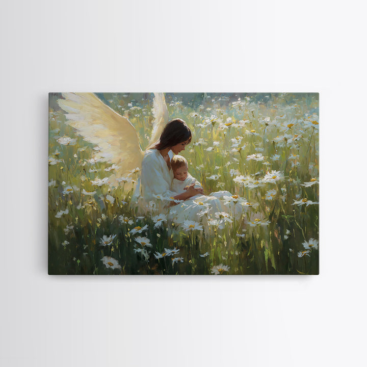 Guardian Angel Mother And Baby In Daisy Meadow Wall Art, Christian Nursery Decor, Spiritual Gift, Peaceful Floral Fine Art Print