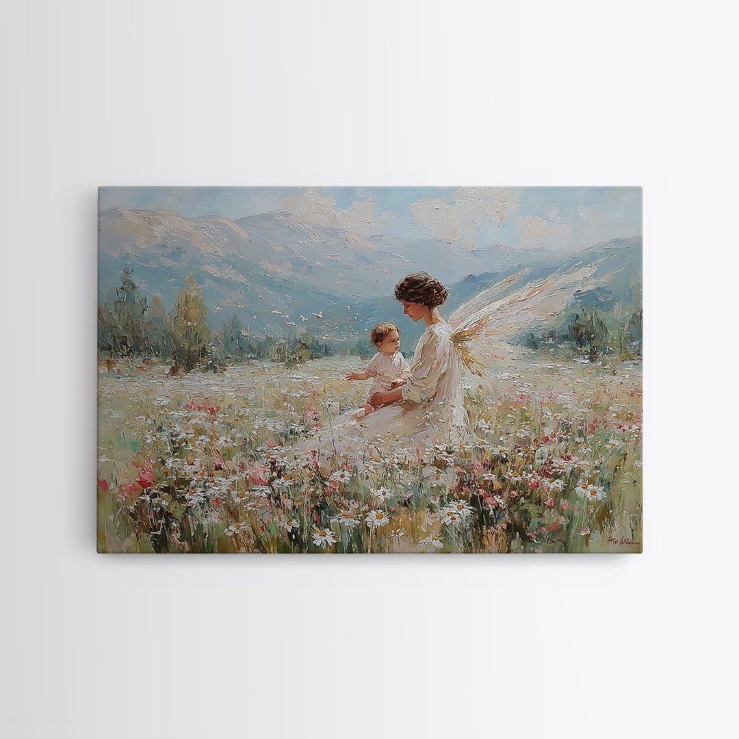 Guardian Angel And Child In Alpine Wildflower Meadow Framed Canvas Print, Christian Wall Art, Mountain Nursery Decor Gift