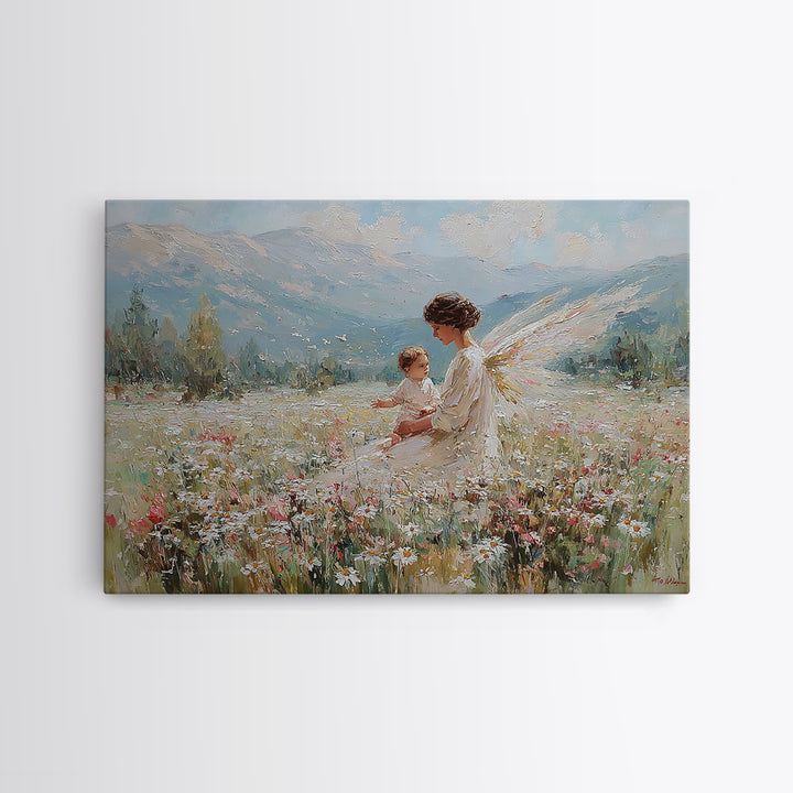Guardian Angel And Child In Alpine Wildflower Meadow Framed Canvas Print, Christian Wall Art, Mountain Nursery Decor Gift
