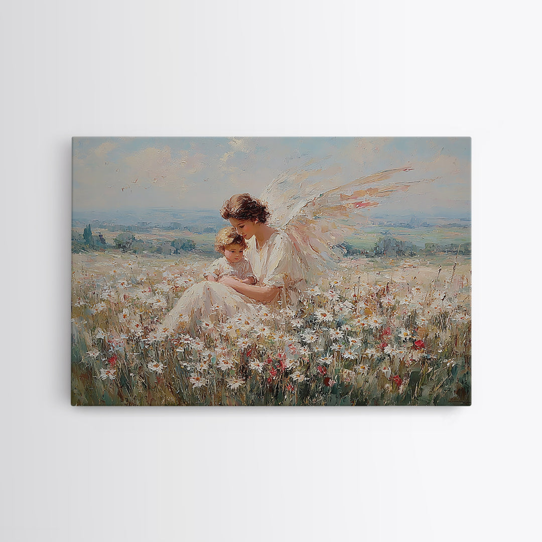 Angel Mother And Child In Wildflower Meadow Wall Art, Serene Religious Nursery Decor, Christian Gift, Fine Art Print, Home Decor
