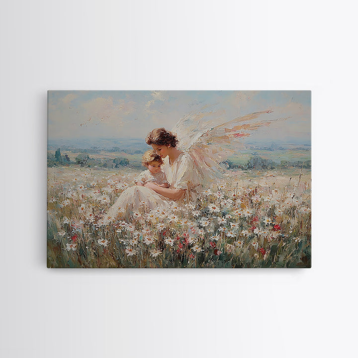 Angel Mother And Child In Wildflower Meadow Wall Art, Serene Religious Nursery Decor, Christian Gift, Fine Art Print, Home Decor