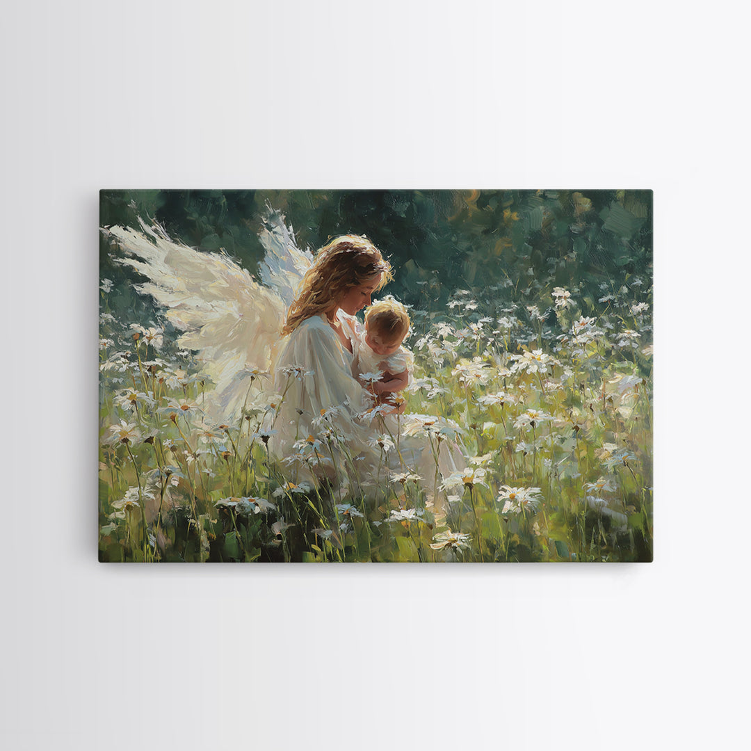 Guardian Angel Cradling Baby In Daisy Meadow Framed Canvas Print, Christian Nursery Wall Decor, Baptism Gift, Home Decor