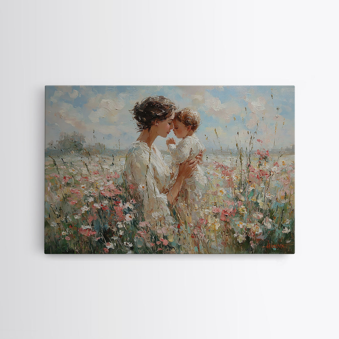 Tender Mother And Baby In Wildflower Field Framed Canvas Print, Feminine Wall Art, Nursery Decor, Christian Gift, Home Decor