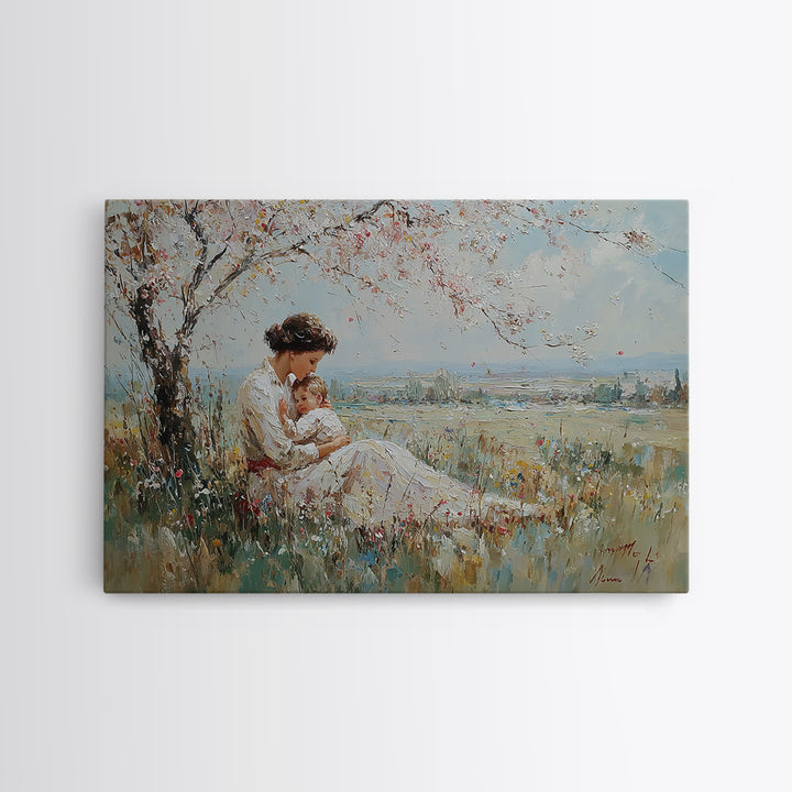 Mother Holding Baby Beneath White Blossom Tree Framed Canvas Print, Spring Wall Art, Christian Nursery Decor, Gift For Mom