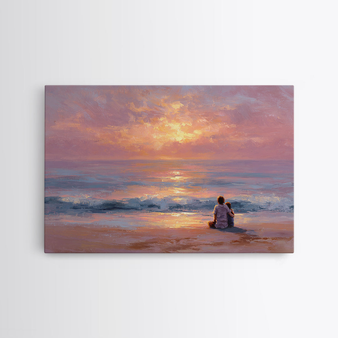Parent And Child Watching Ocean Sunset Wall Art, Coastal Beach Canvas Print, Seascape Living Room Decor, Housewarming Gift