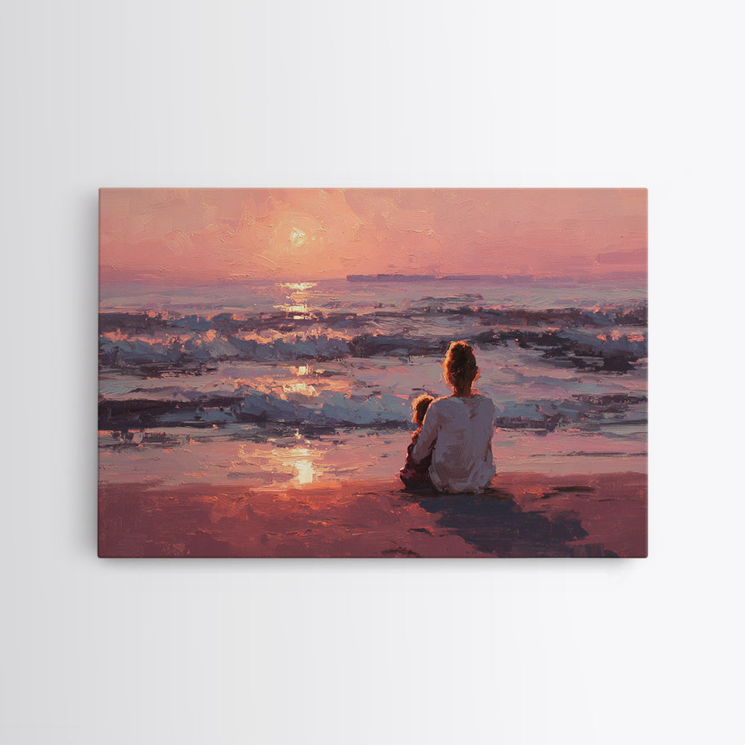 Mother And Child At Pink Ocean Sunset Wall Art, Coastal Beach House Decor, Serene Seascape Print, Gift For Mom, Living Room Decor