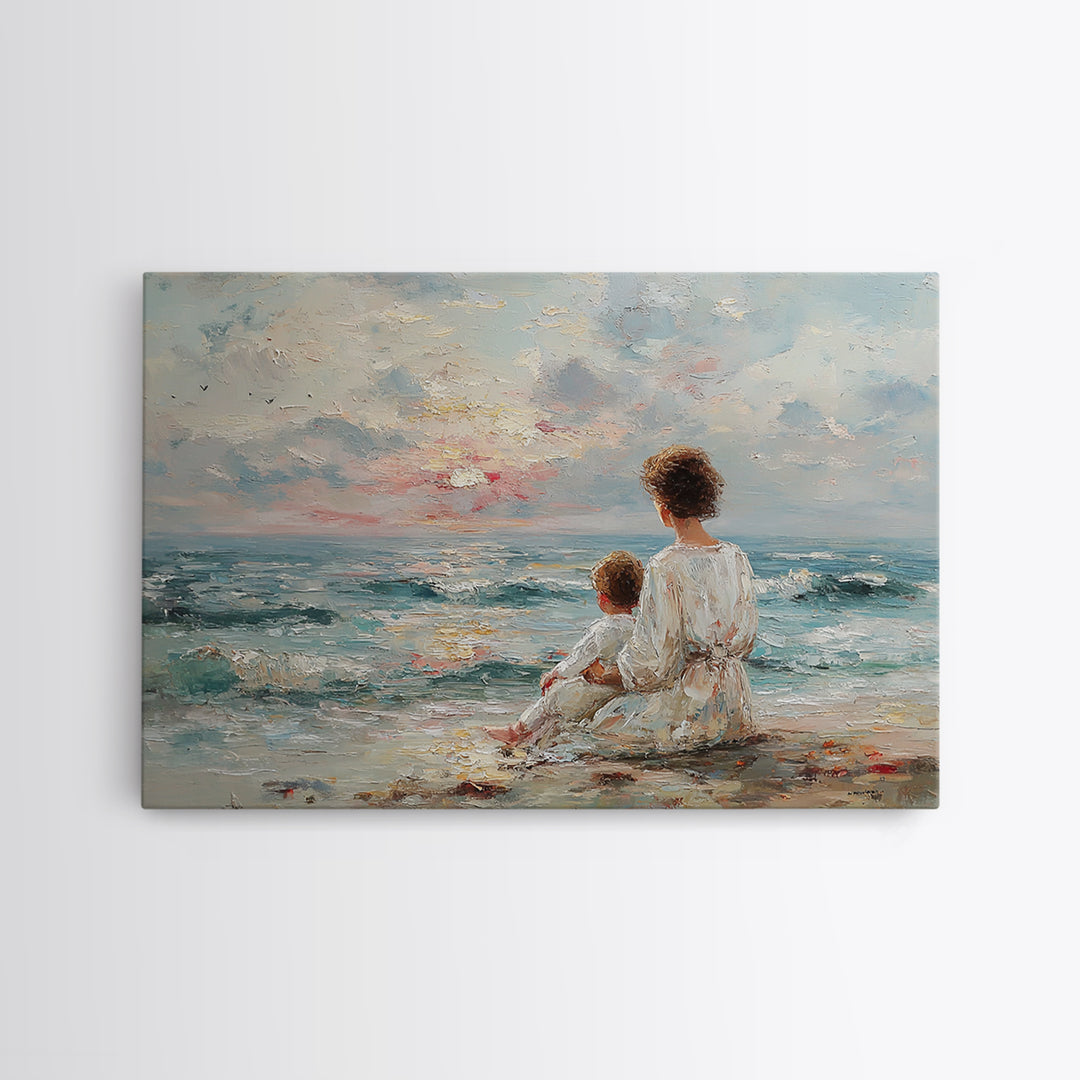 Mother And Child By Blue Sea Framed Canvas Print, Coastal Wall Art, Beach House Decor, Ocean Nursery, Gift For Mom, Living Room Art