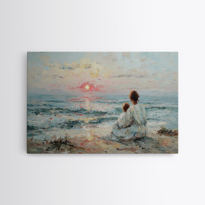 Mother And Child Watching Soft Seaside Sunset Canvas Print, Coastal Wall Art, Ocean Decor, Gift For Mom, Living Room Art