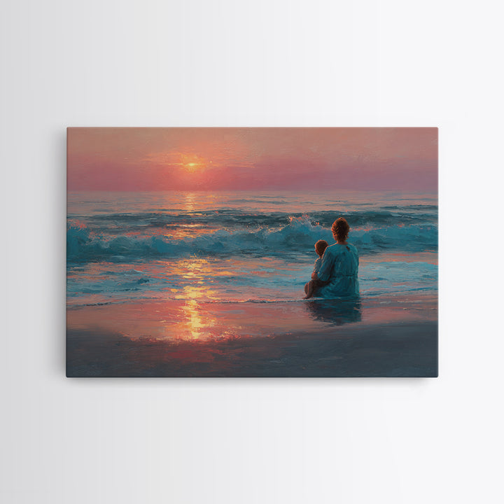 Mother And Child In Rose Gold Ocean Waves Wall Art, Coastal Canvas Print, Beach House Decor, Seascape, Gift For Mom, Living Room Decor