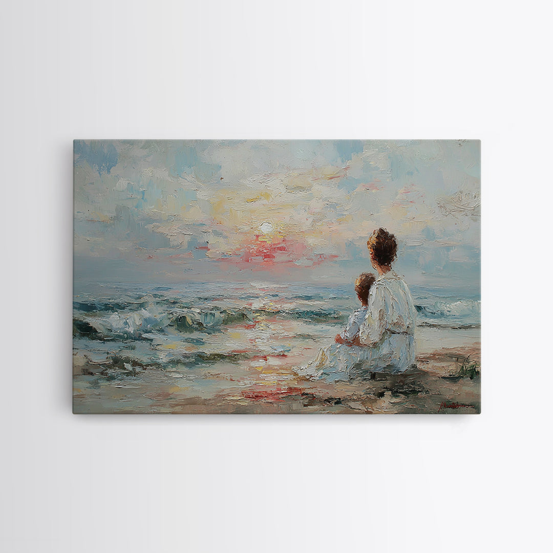 Impasto Mother And Child At Gentle Ocean Sunrise Framed Canvas Print, Coastal Wall Art, Beach Decor, Gift For Mom, Serene Home Decor