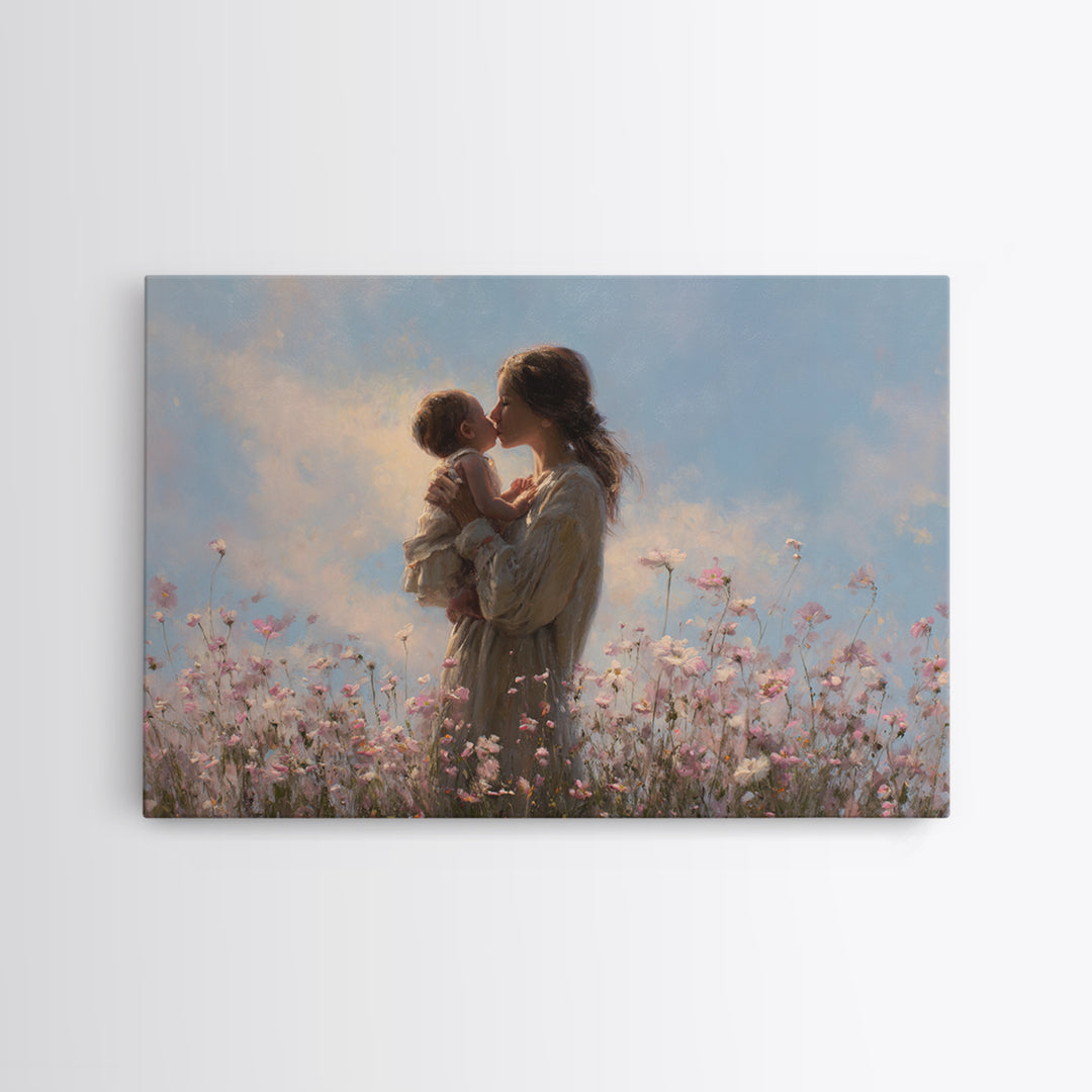 Mother Kissing Baby In Wildflower Meadow Wall Art, Feminine Floral Canvas Print, Nursery Decor, Gift For Mom, Baby Shower Gift
