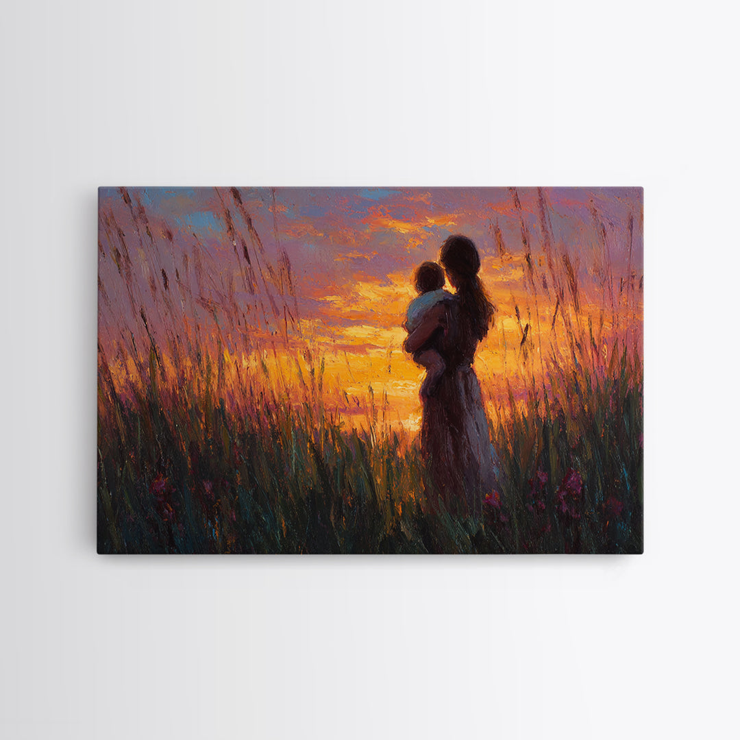 Mother And Baby Silhouette In Tall Grass Sunset Wall Art, Warm Meadow Canvas Print, Boho Nursery Decor, Gift For Mom, Bedroom Wall Art