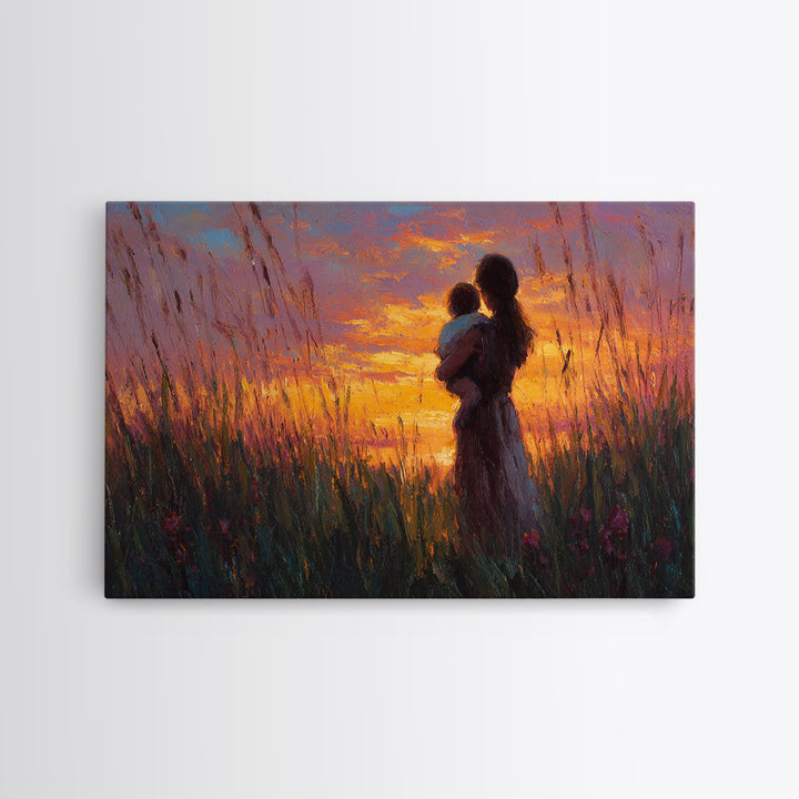 Mother And Baby Silhouette In Tall Grass Sunset Wall Art, Warm Meadow Canvas Print, Boho Nursery Decor, Gift For Mom, Bedroom Wall Art