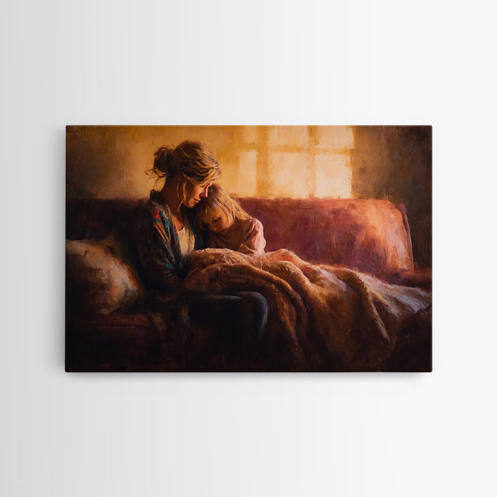Mother And Child Cuddling On Warm Sofa Canvas Print, Cozy Bedroom Wall Art, Family Home Decor, Gift For Mom, Nursery Art