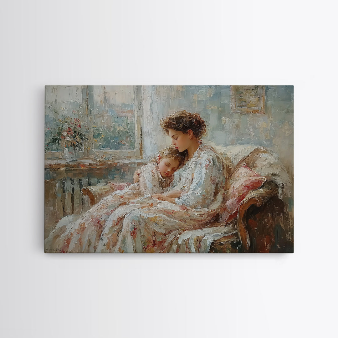 Mother And Child Resting By Window Wall Art, Impressionist Family Portrait, Cozy Bedroom Decor, Gift For Mom, Nursery Art