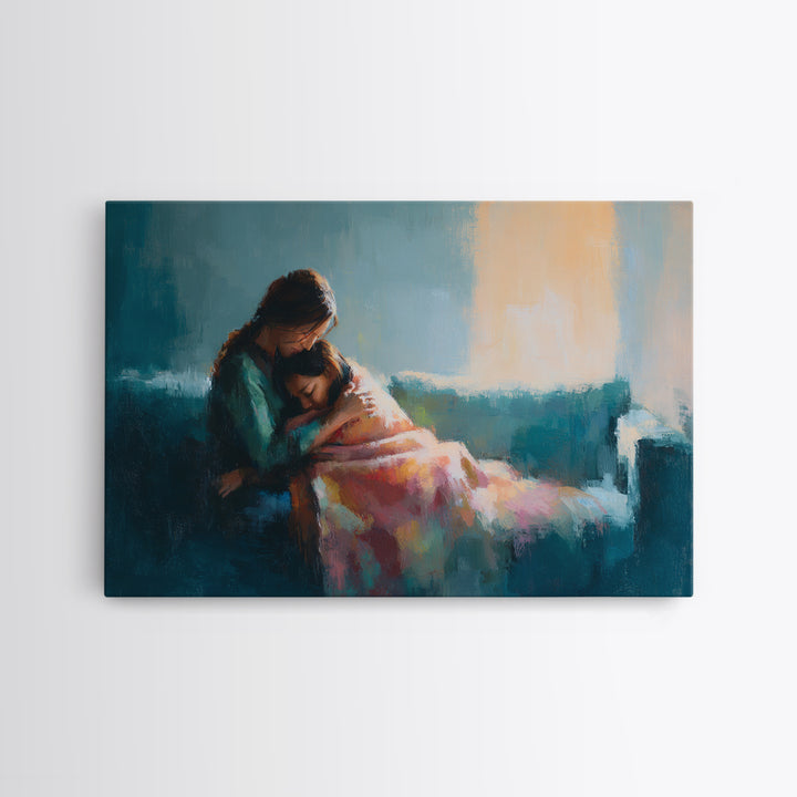 Mother Comforting Child In Blue Room Canvas Print, Modern Family Wall Decor, Emotional Portrait Art, Gift For Mom, Home Decor