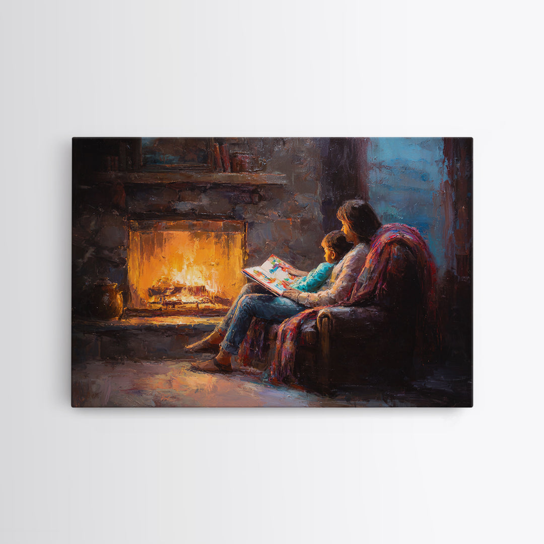 Mother And Child Reading By Glowing Fireplace Canvas Print, Cozy Family Wall Art, Dark Academia Decor, Gift For Mom, Living Room Decor