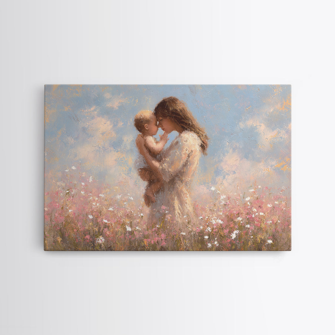 Mother Holding Baby In Wildflower Meadow Wall Art, Soft Impressionist Floral Print, Nursery Decor, Gift For Mom, Baby Gift