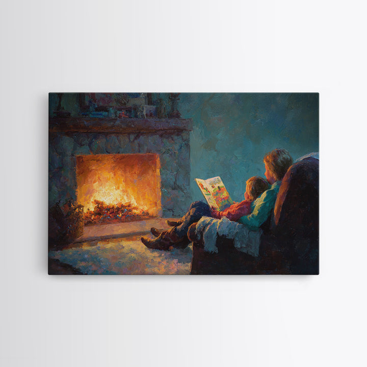 Mother And Child Storytime By Fireplace Framed Canvas Print, Cozy Living Room Wall Art, Family Reading Decor, Gift For Mom