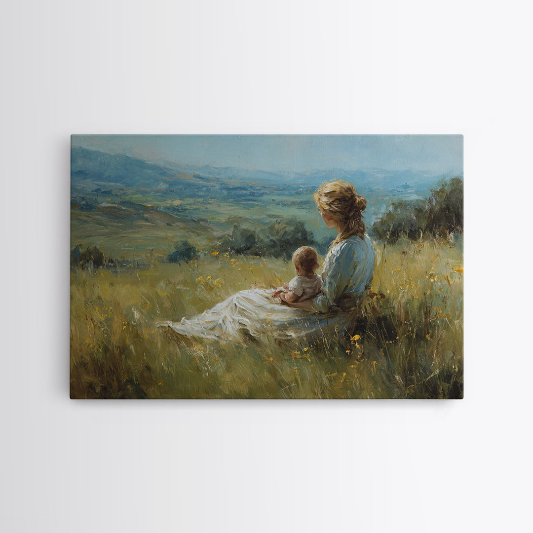 Mother And Baby In Wildflower Meadow Wall Art, Impressionist Landscape Painting, Feminine Nursery Decor, Gift For Mom, Living Room Decor
