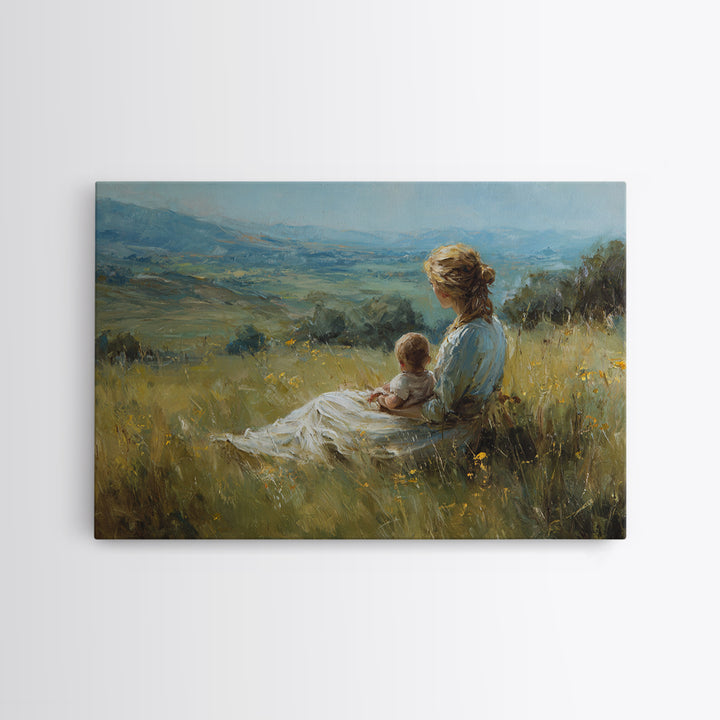 Mother And Baby In Wildflower Meadow Wall Art, Impressionist Landscape Painting, Feminine Nursery Decor, Gift For Mom, Living Room Decor