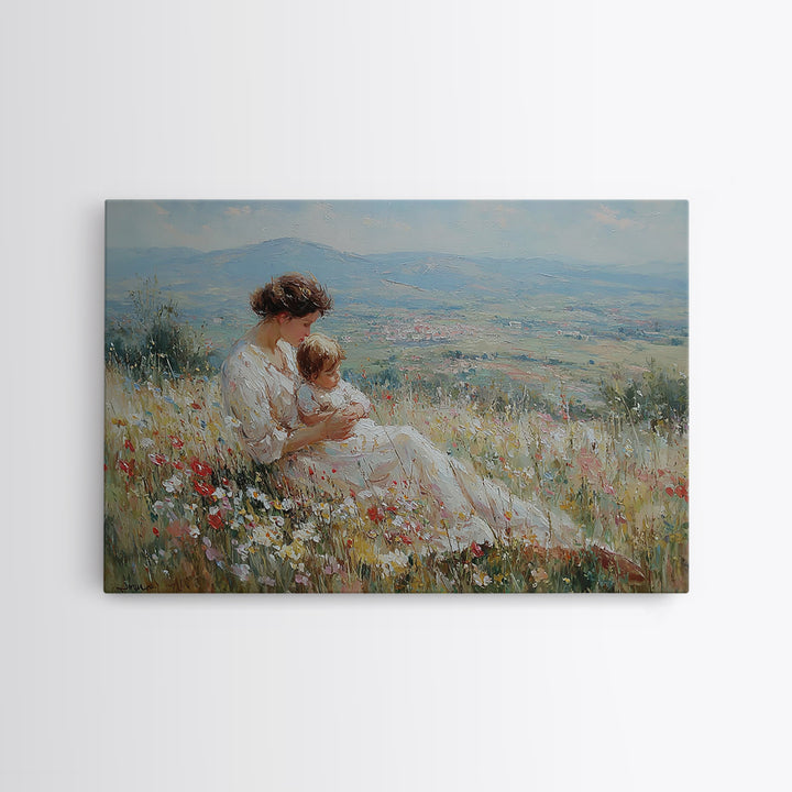 Seated Mother Nursing Baby In Flower Field Framed Canvas Print, Impressionist Landscape Art, Feminine Bedroom Decor, Gift For Her